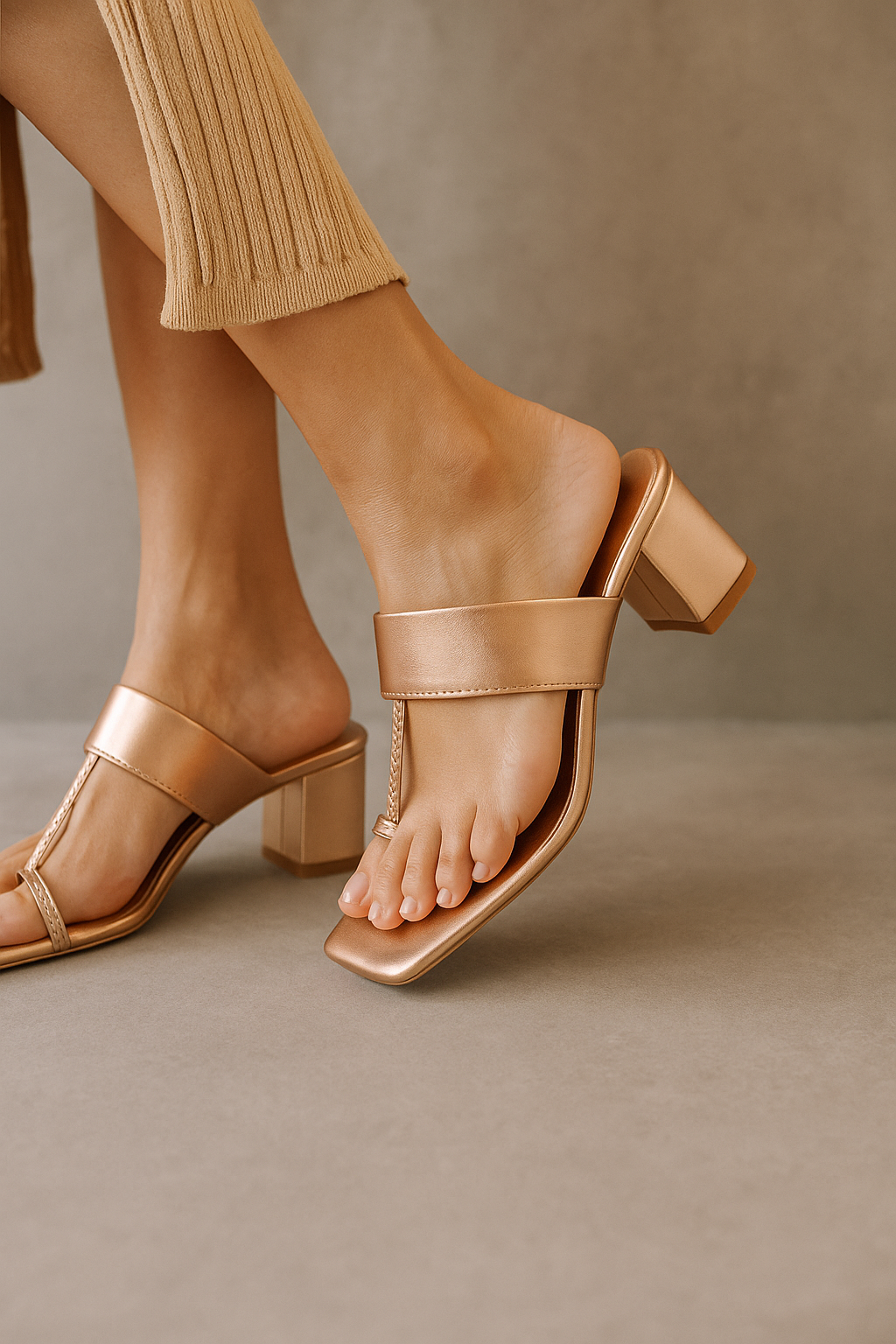 Women's Gold Square Toe Block Heel Sandals | Smart Slip-On Toe Ring Sandals | Open Square Toe for Casual, Ethnic & Wedding Occasions