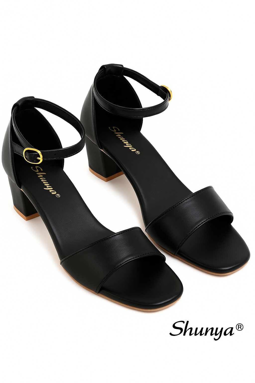 Shunya Women Comfortable Black Open Round Toe Counter Block Heel Ankle Strap Buckle sandal for College, Casual and Official Occassions.