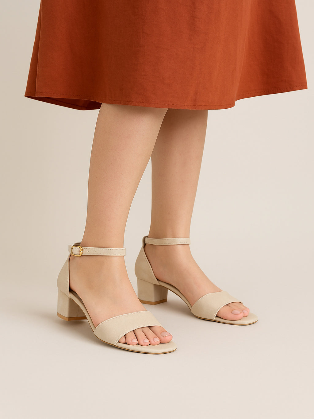 Beige Counter Back Block Heel Sandal