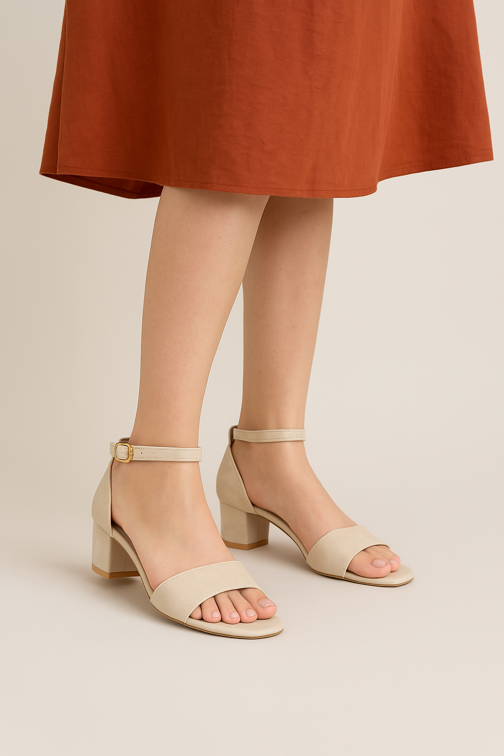Shunya Women Comfortable Beige Open Round Toe Counter Block Heel Ankle Strap Buckle sandal for College, Casual and Official Occassions.