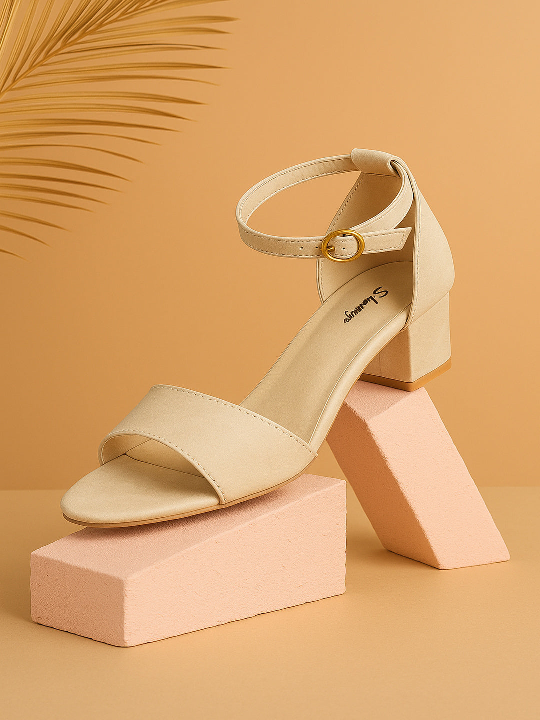 Beige Counter Back Block Heel Sandal