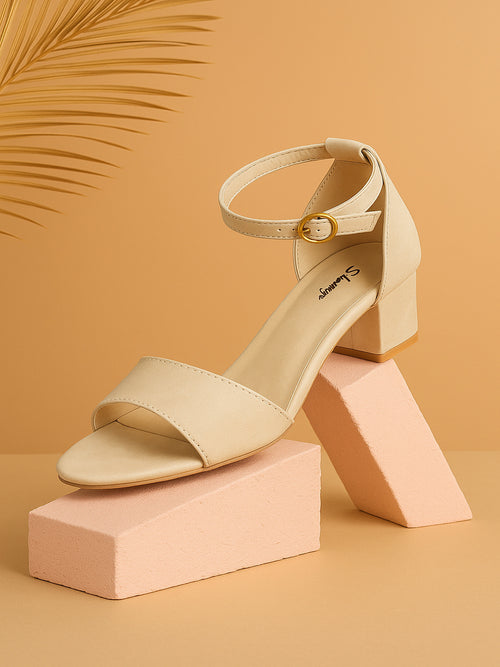 Beige Counter Back Block Heel Sandal