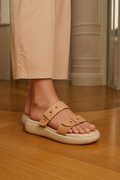 Trendy Tan Padded Sliders for Women with Double Strap Design | Casual Flat Slip-Ons
