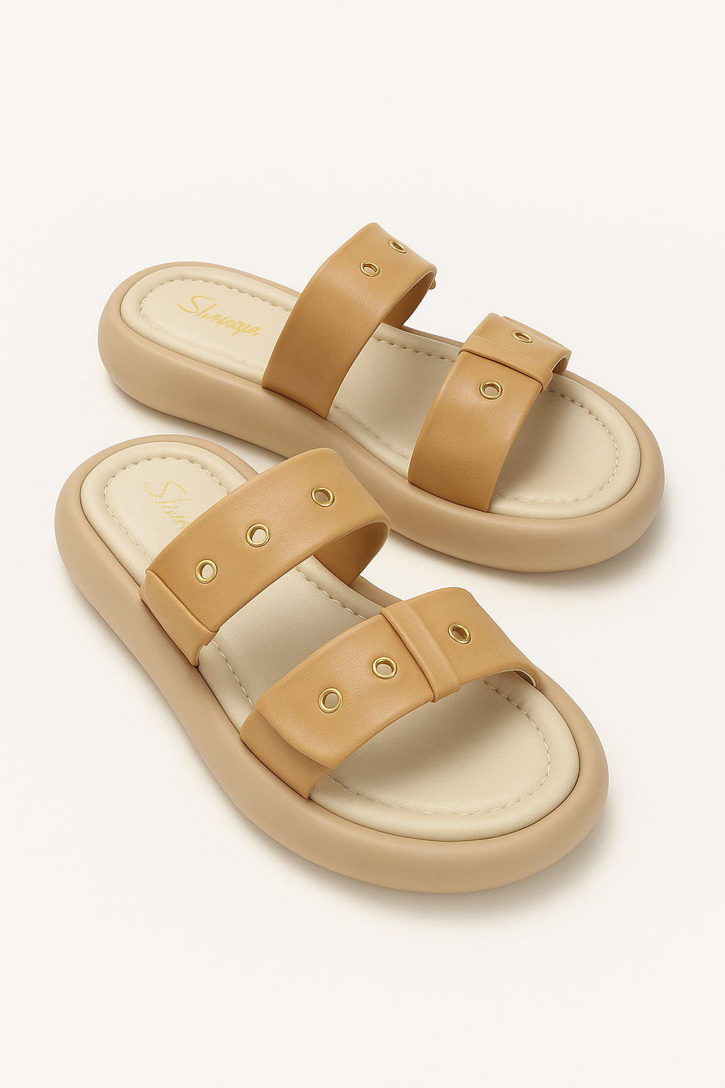 Trendy Tan Padded Sliders for Women with Double Strap Design | Casual Flat Slip-Ons