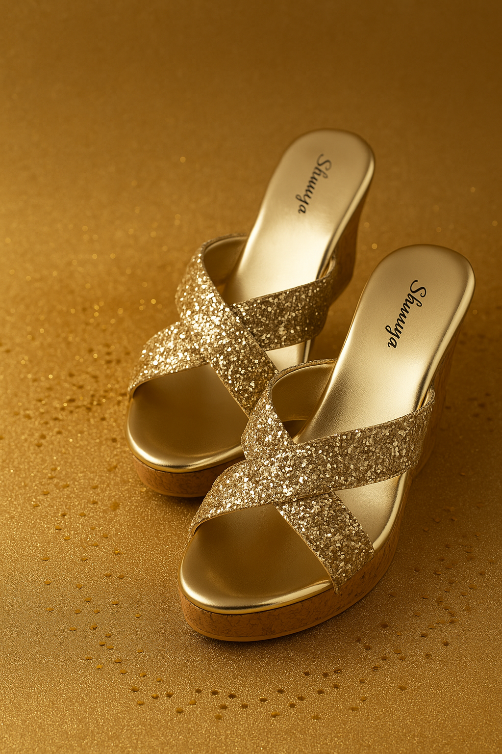 Gold Sparkle Criss Cross Wedge Sandal