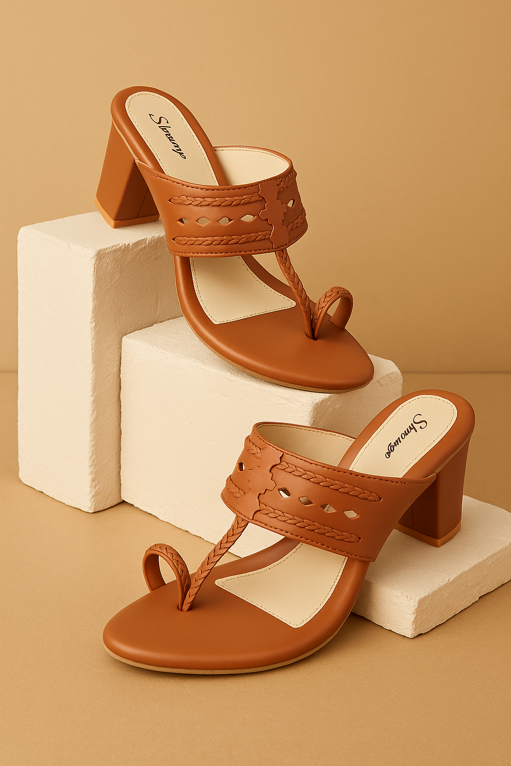 Tan Ethnic Kolhapuri Block Heels Sandal