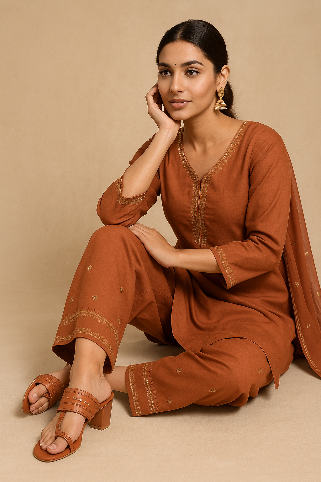 Shunya Women's Tan/Gold Open Round Toe Kolhapuri Sandals | Ethnic Toe Ring sandals | Stylish Classy Ethnic Block Heels | Hand Braids Kolhapuri for Ethnic and Wedding Occasions