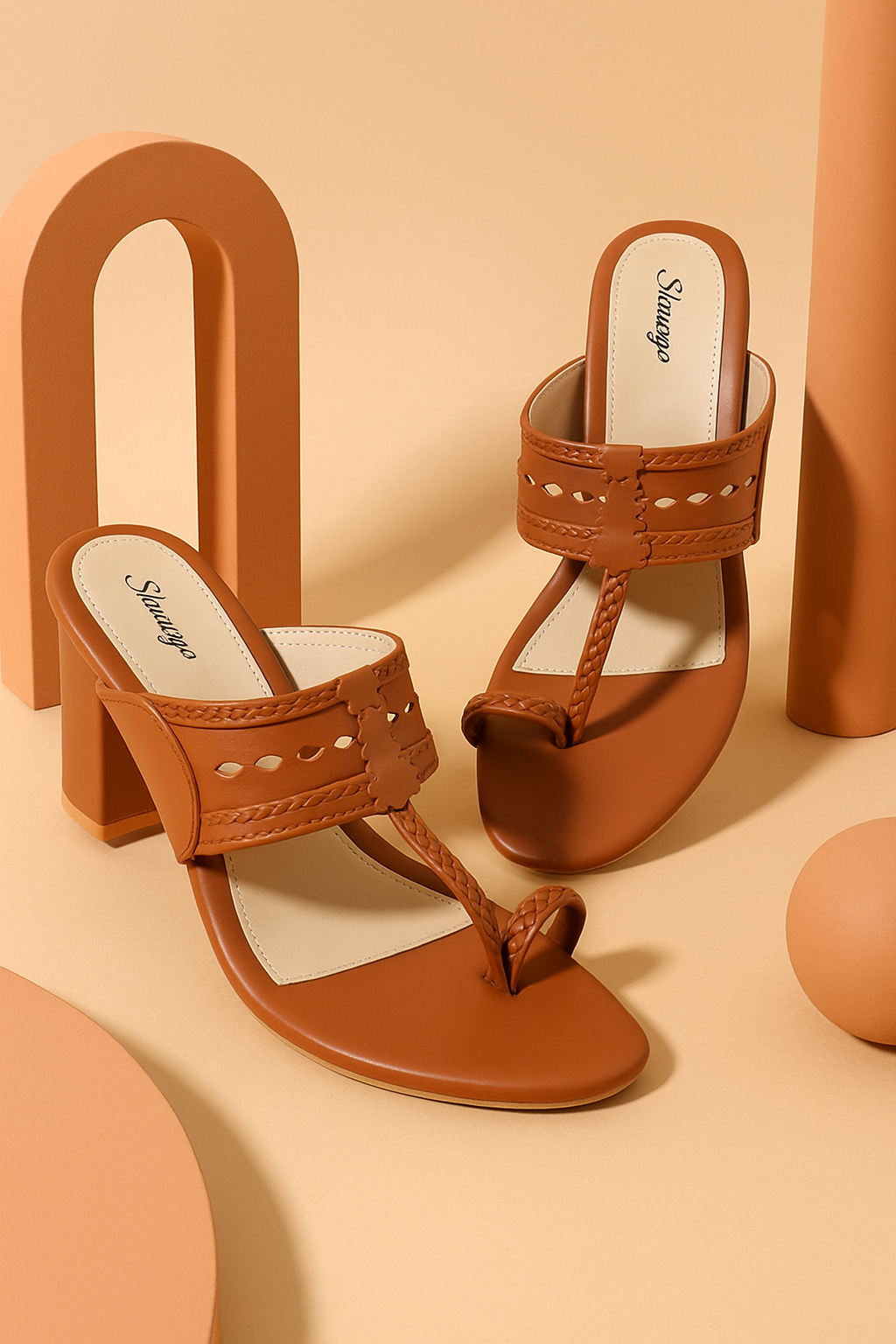 Shunya Women's Tan/Gold Open Round Toe Kolhapuri Sandals | Ethnic Toe Ring sandals | Stylish Classy Ethnic Block Heels | Hand Braids Kolhapuri for Ethnic and Wedding Occasions