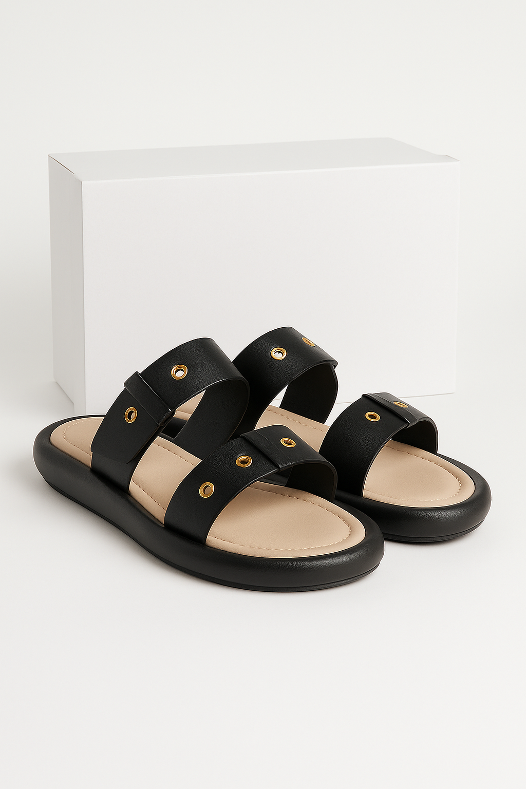 Women’s Black Double Strap Slip-On Flats | Soft Cushioned Daily Wear Sandals