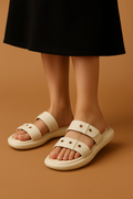 Women’s Cream Double Strap Slip-On Flats | Soft Cushioned Daily Wear Sandals