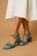 Blue Geometric Print Block Heel Ankle-Strap Sandals