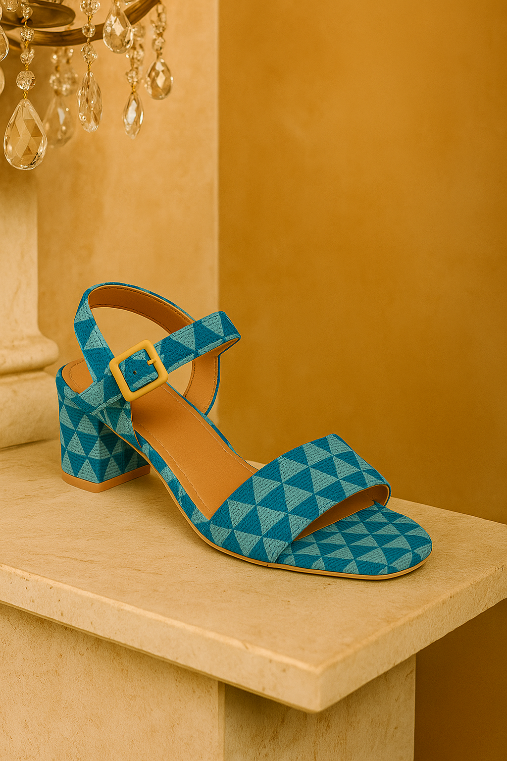 Blue Geometric Print Block Heel Ankle-Strap Sandals
