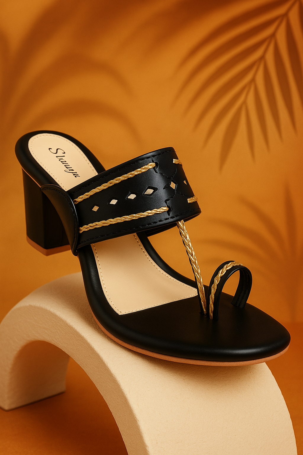 Shunya Women's Black/Gold Open Round Toe Kolhapuri Sandals | Ethnic Toe Ring sandals | Stylish Classy Ethnic Block Heels | Hand Braids Kolhapuri for Ethnic and Wedding Occasions