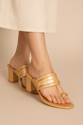 Shunya Women's Gold/Gold Open Round Toe Kolhapuri Sandals | Ethnic Toe Ring sandals | Stylish Classy Ethnic Block Heels | Hand Braids Kolhapuri for Ethnic and Wedding Occasions