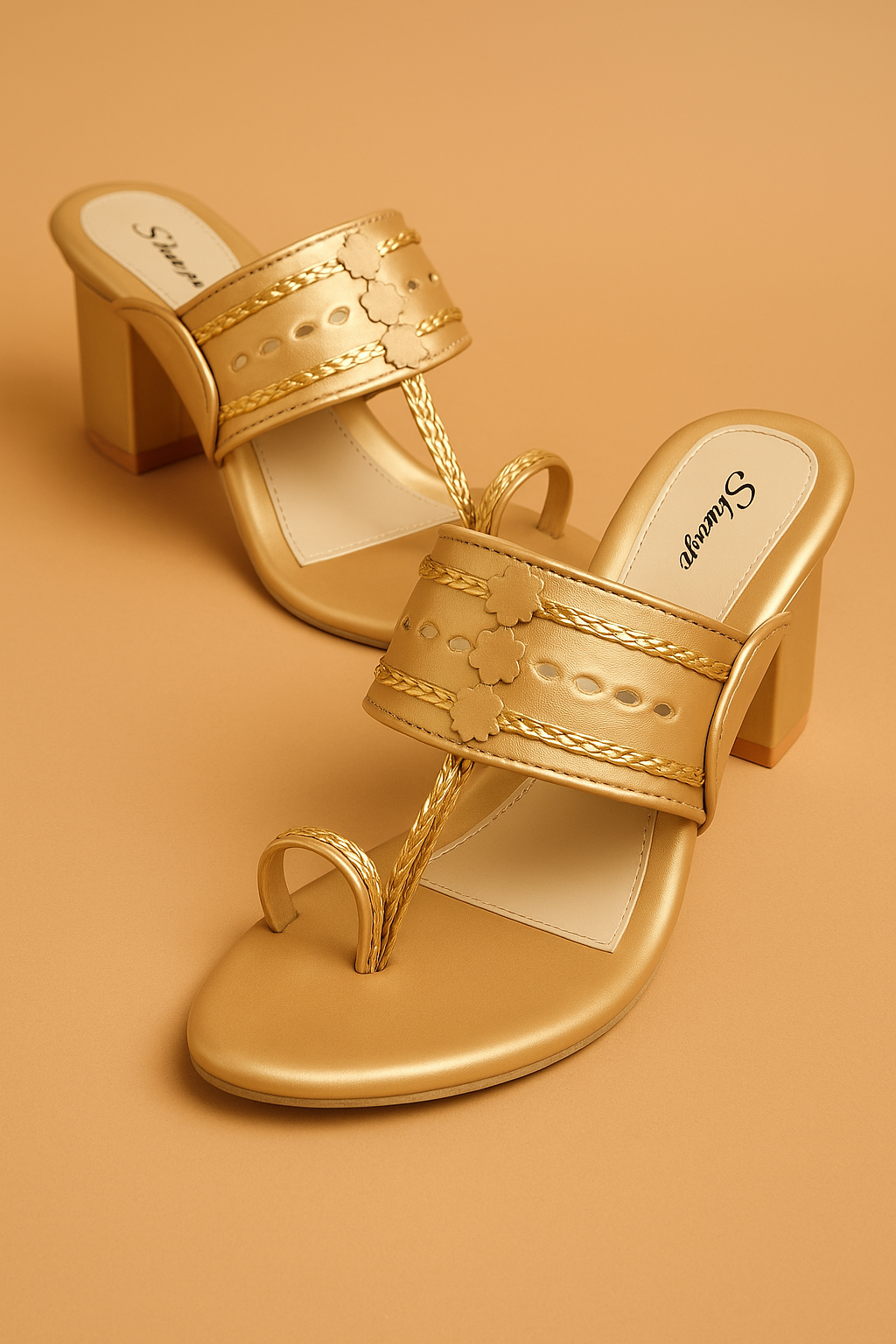 Gold Ethnic Kolhapuri Block Heels Sandal