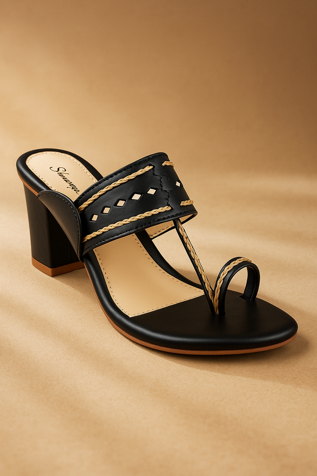 Shunya Women's Black/Gold Open Round Toe Kolhapuri Sandals | Ethnic Toe Ring sandals | Stylish Classy Ethnic Block Heels | Hand Braids Kolhapuri for Ethnic and Wedding Occasions