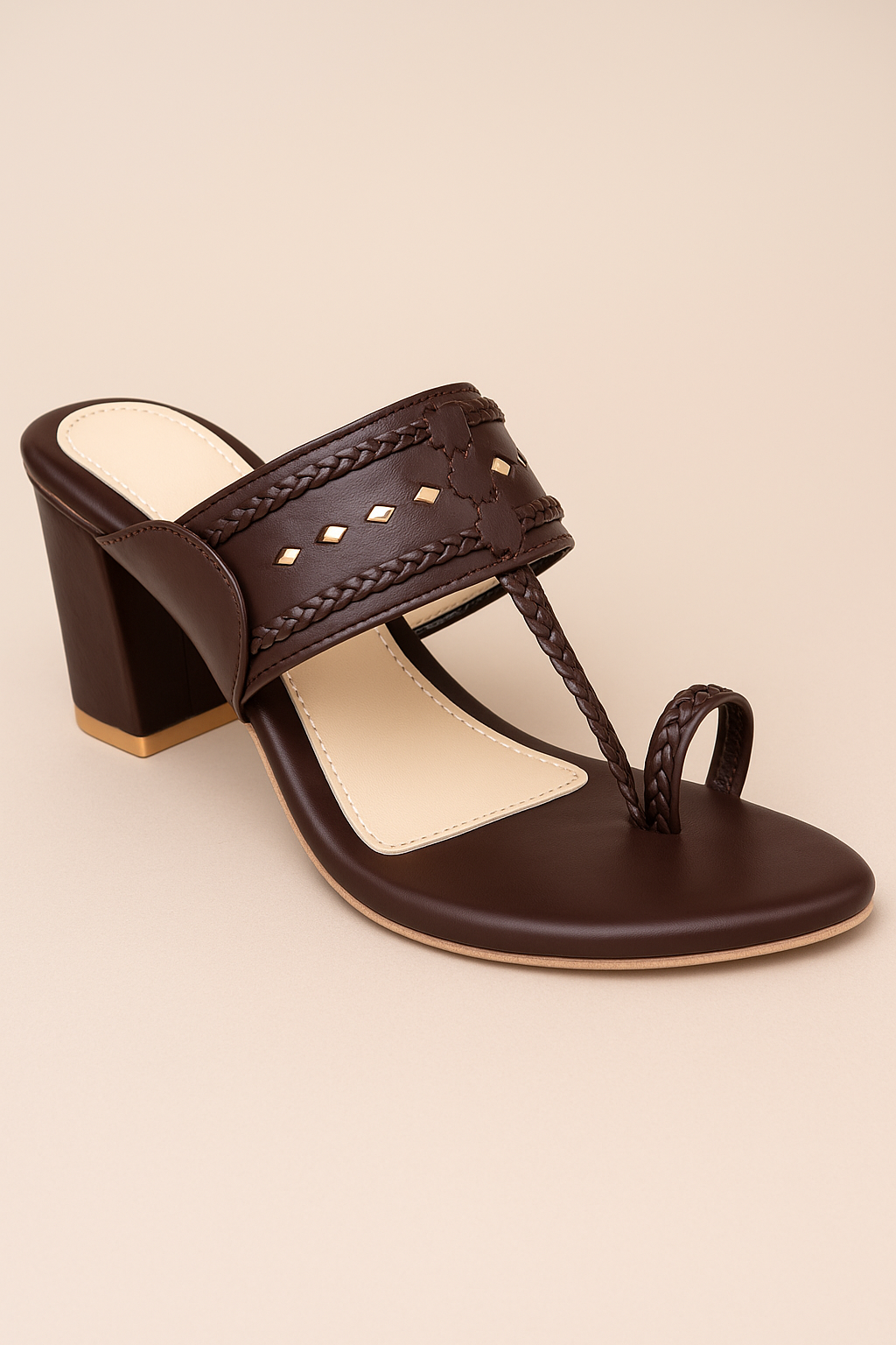 Shunya Women's Brown/Gold Open Round Toe Kolhapuri Sandals | Ethnic Toe Ring sandals | Stylish Classy Ethnic Block Heels | Hand Braids Kolhapuri for Ethnic and Wedding Occasions