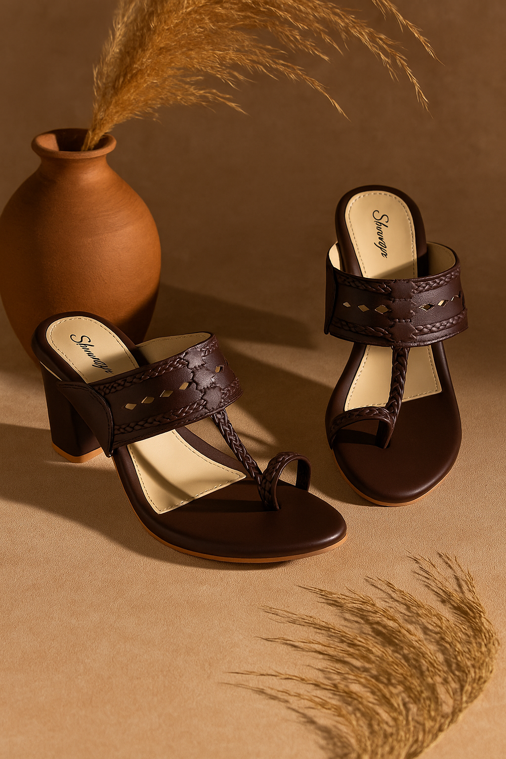 Shunya Women's Brown/Gold Open Round Toe Kolhapuri Sandals | Ethnic Toe Ring sandals | Stylish Classy Ethnic Block Heels | Hand Braids Kolhapuri for Ethnic and Wedding Occasions