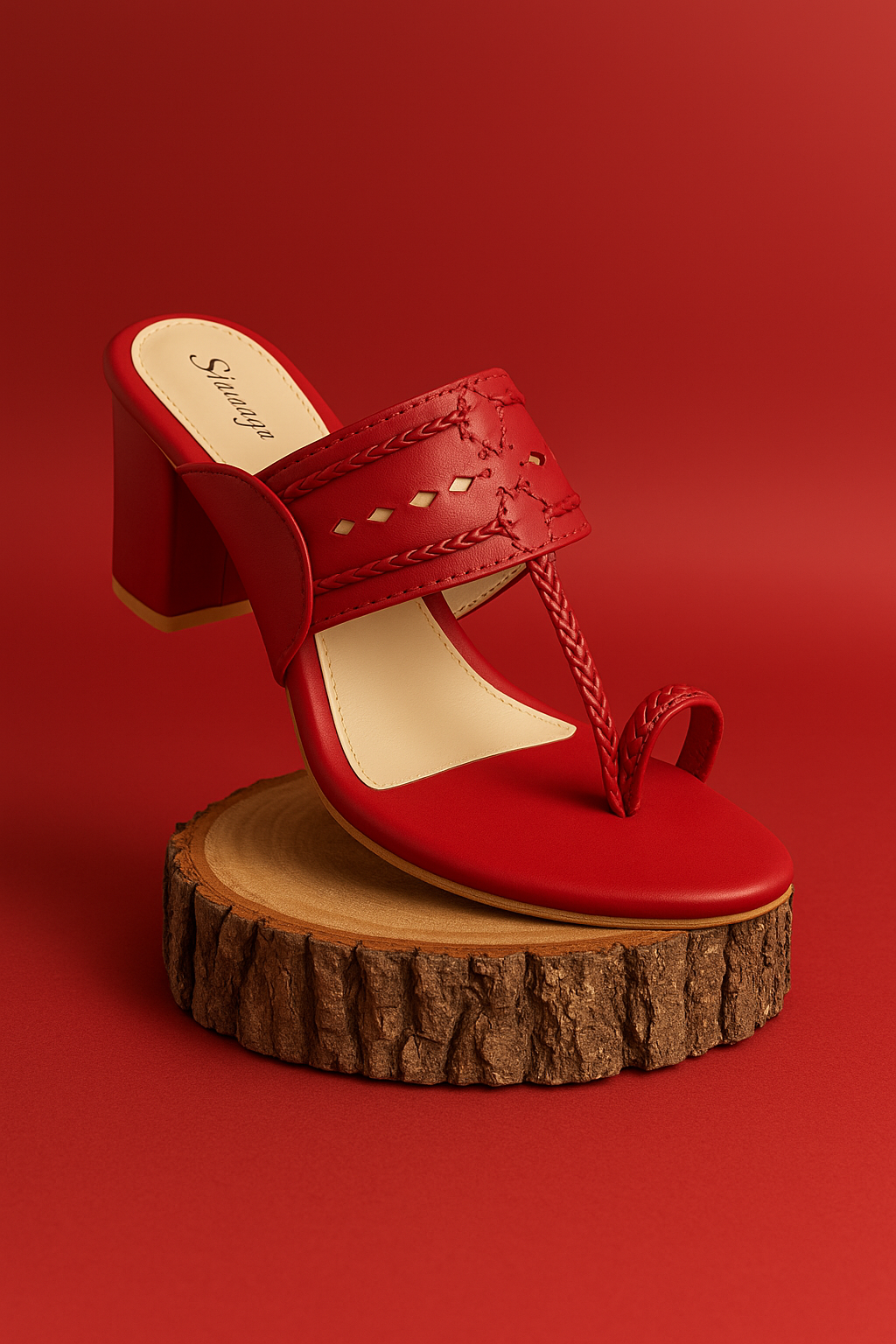 Shunya Women's Cherry/Gold Open Round Toe Kolhapuri Sandals | Ethnic Toe Ring sandals | Stylish Classy Ethnic Block Heels | Hand Braids Kolhapuri for Ethnic and Wedding Occasions