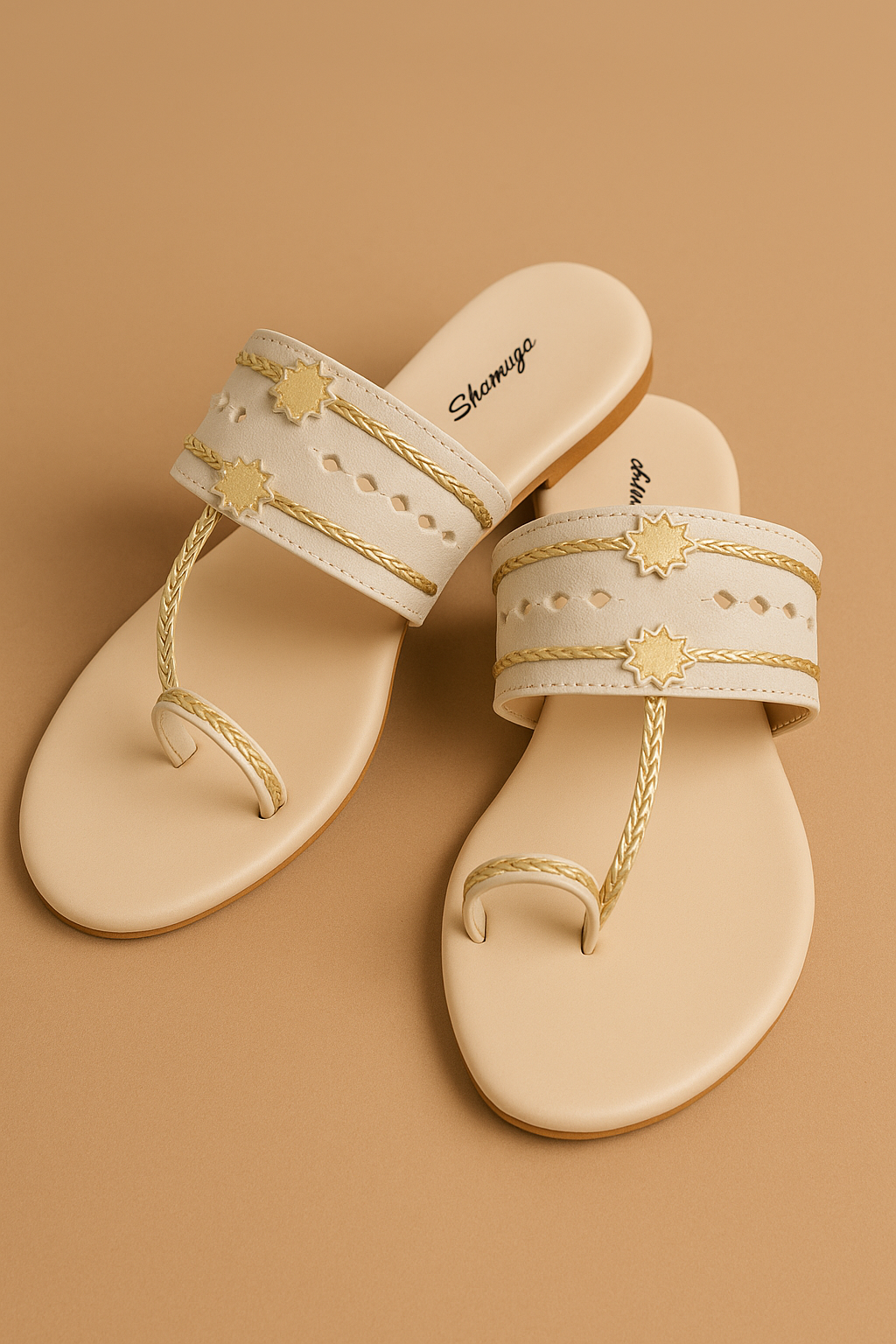 Shunya Women Comfortable Cream Ethnic Traditional Style Kolhapuri Flat Slip-On Sandal for Traditional and Wedding occassions