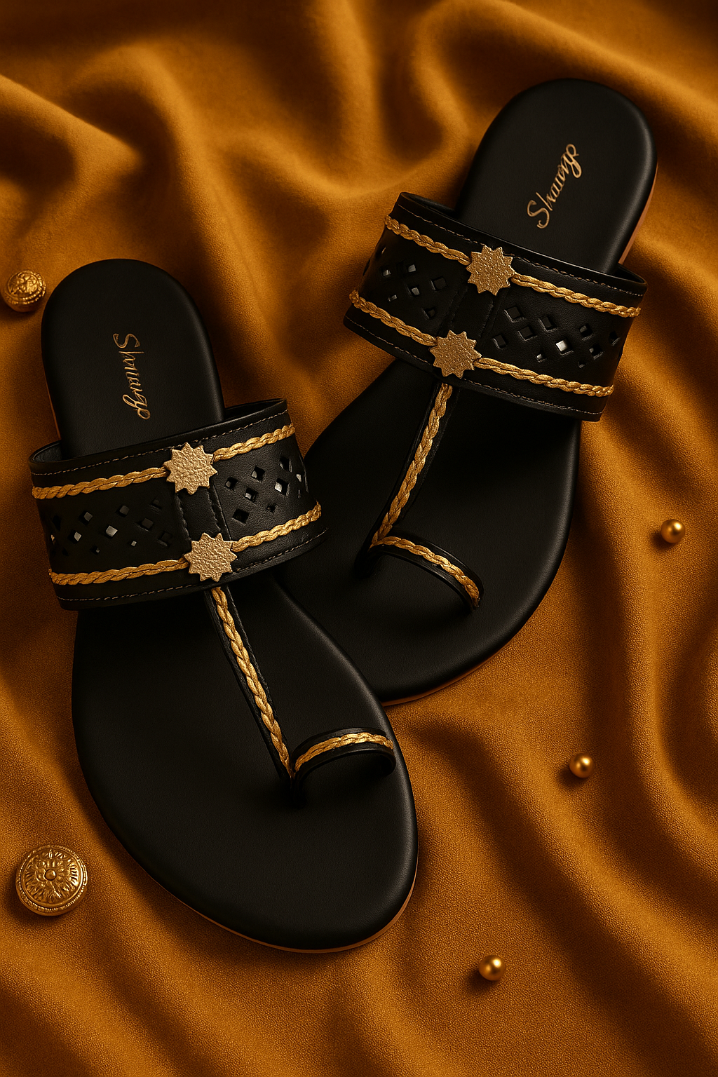 Midnight Black Gold-Accent Kolhapuri Flat Sandals
