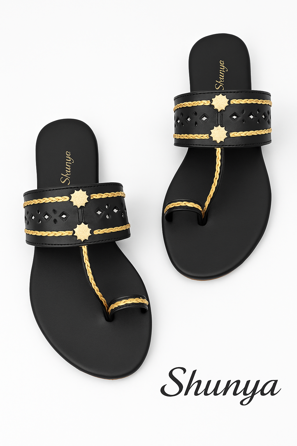 Shunya Women Comfortable Black Ethnic Traditional Style Kolhapuri Flat Slip-On Sandal for Traditional and Wedding occassions