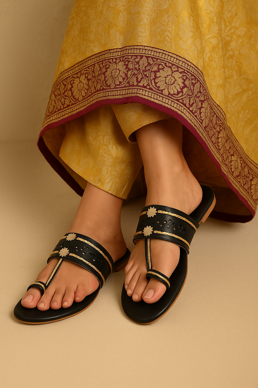 Midnight Black Gold-Accent Kolhapuri Flat Sandals