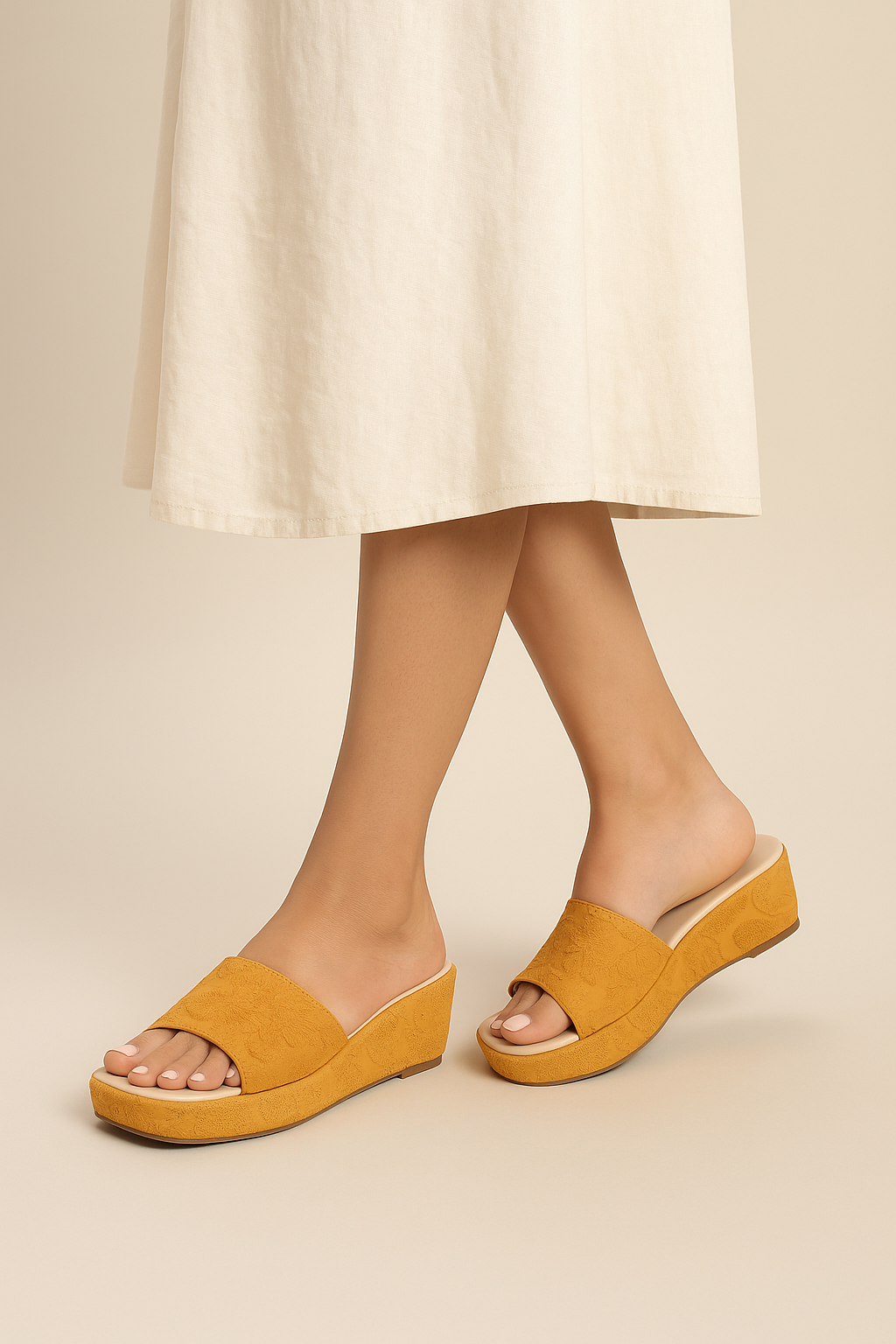 Yellow Ethnic Slip on Slides Mules Platform Square Toe Wedge Sandals Open Toe Heel Sandals for festivals and wedding occassions