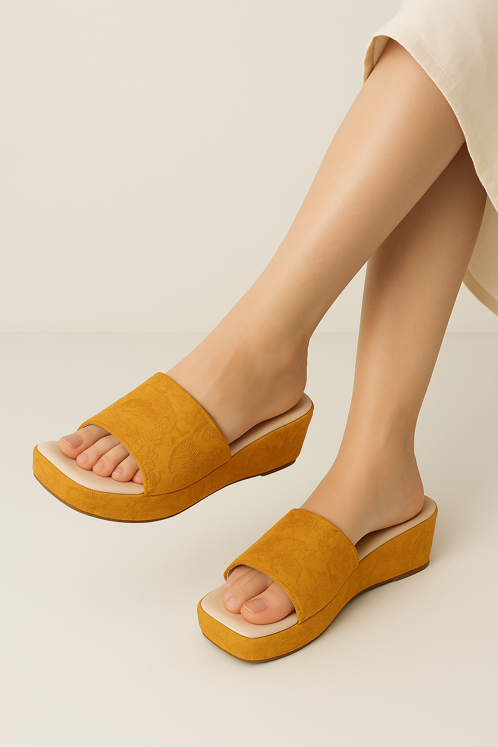 Women's Yellow Square Toe Wedges Sandals | Classic Platform Flip-Flop Sandals Wedge Slipper | Embossed Casual Slip-On Open Toe Sandals For Casual & Wedding Occassions.