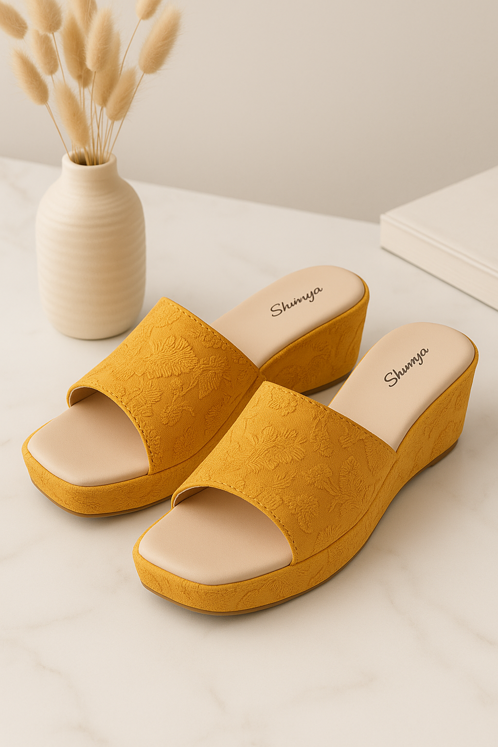 Yellow Ethnic Slip on Slides Mules Platform Square Toe Wedge Sandals Open Toe Heel Sandals for festivals and wedding occassions