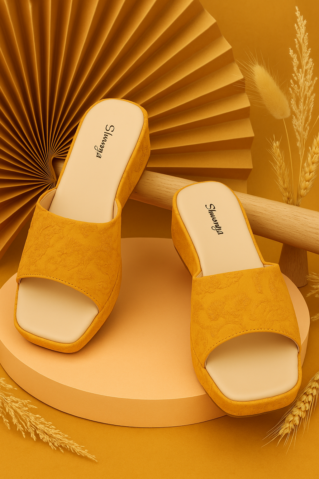 Yellow Ethnic Slip on Slides Mules Platform Square Toe Wedge Sandals Open Toe Heel Sandals for festivals and wedding occassions