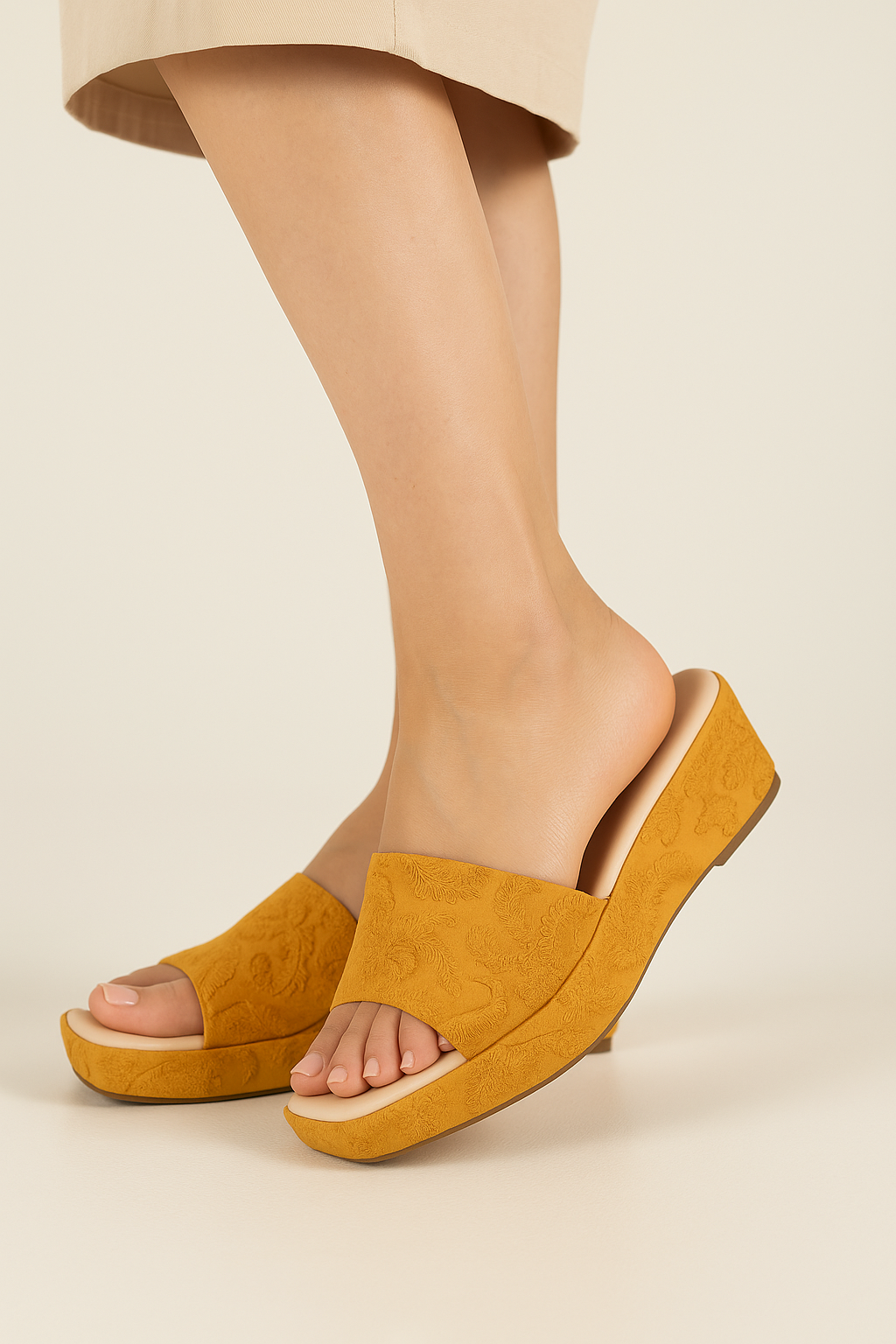 Women's Yellow Square Toe Wedges Sandals | Classic Platform Flip-Flop Sandals Wedge Slipper | Embossed Casual Slip-On Open Toe Sandals For Casual & Wedding Occassions.