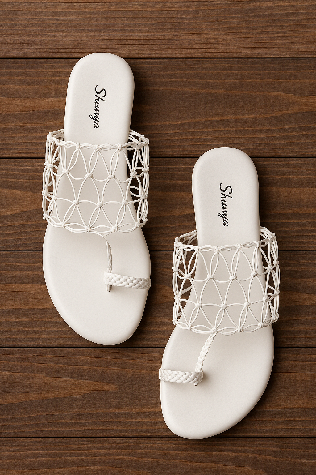 White Braided & Netted Slip-On Flats by Shunya.