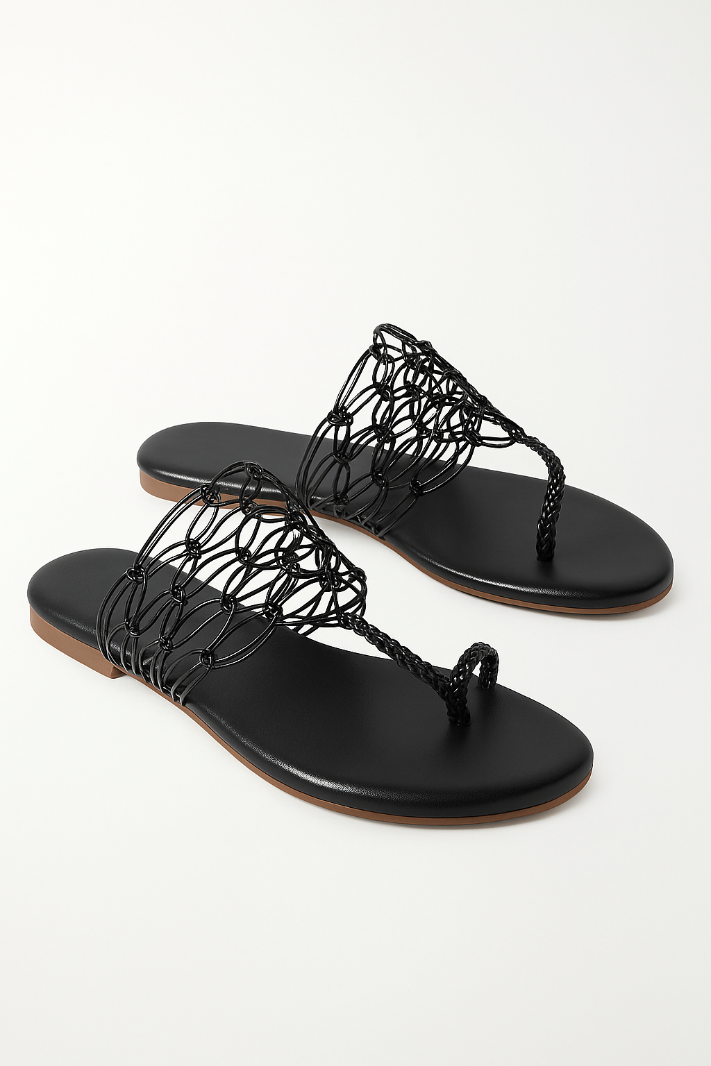 Shunya Women’s Stylish Balck Toe Ring Flats | Braided Slip-On Sandals with Woven Strap Design