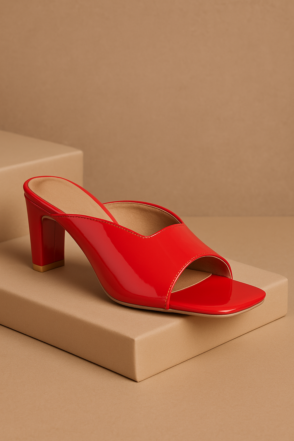 Red Gloss Block Heel Square-Toe Mules