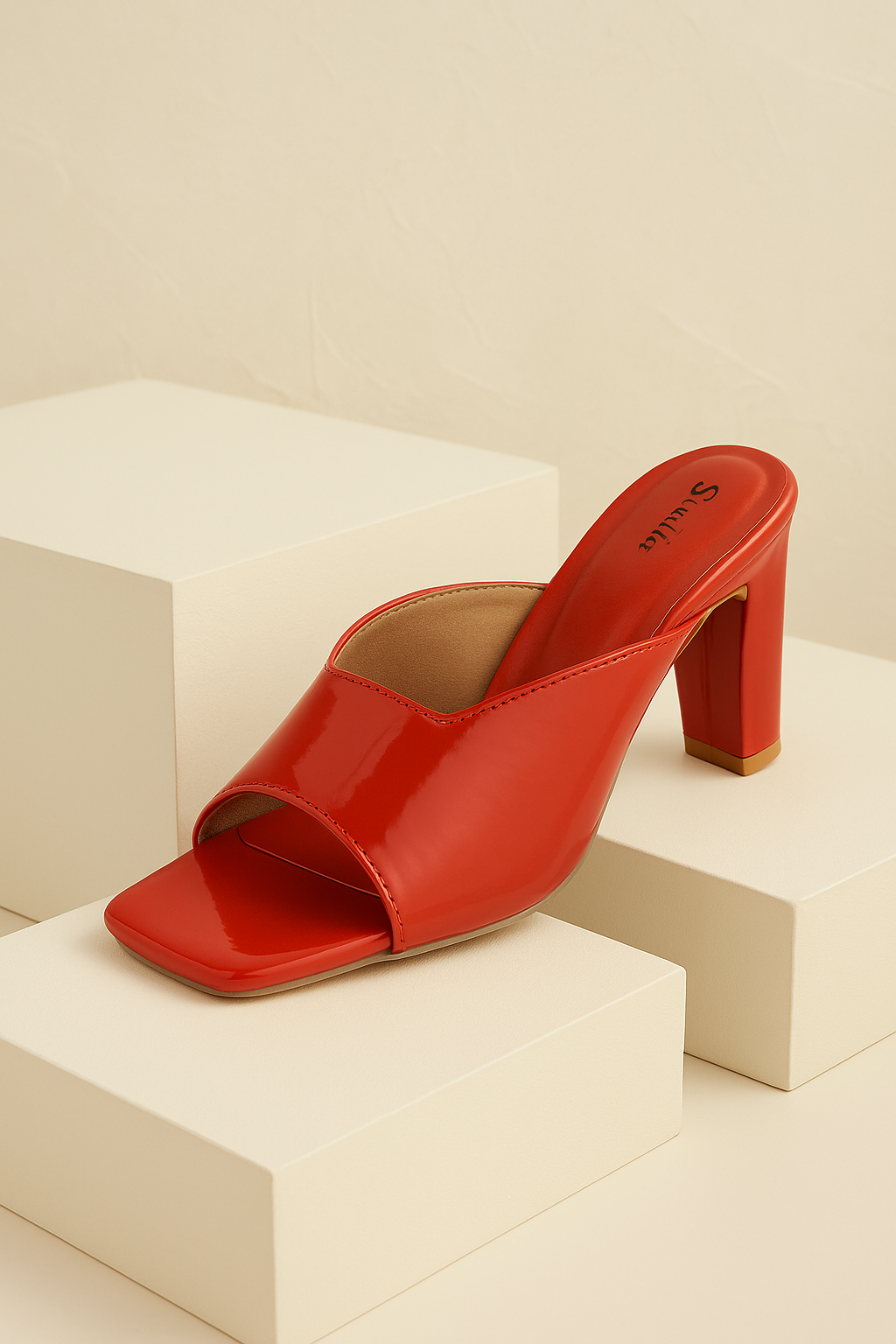 Shunya Women Comfortable Red Open Square Toe Block Heel Slip-On Sandal For Casual, Indian and Official Occassions