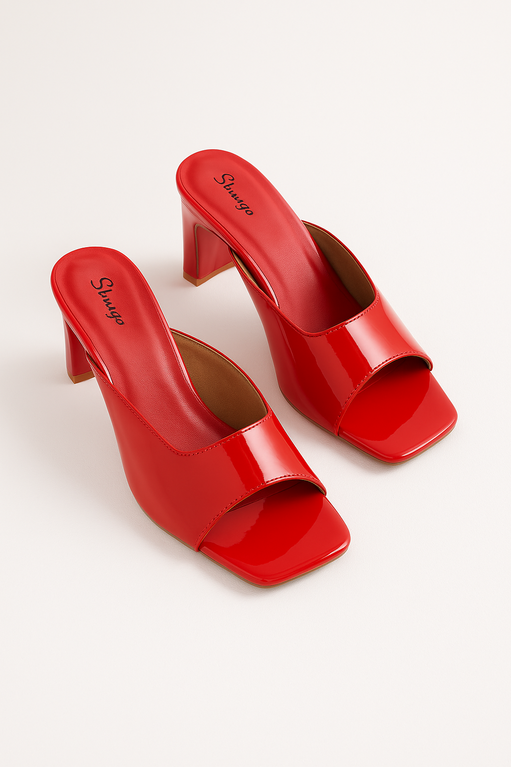 Red Gloss Block Heel Square-Toe Mules