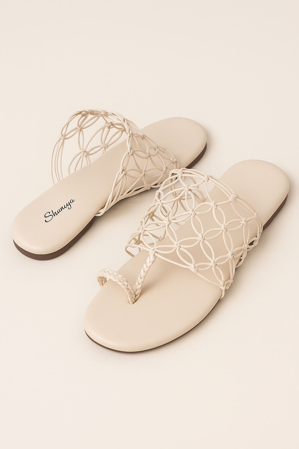 Cream Braided & Netted Slip-On Flats by Shunya