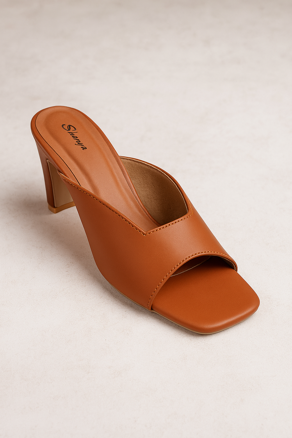 Tan Gloss Block Heel Square-Toe Mules