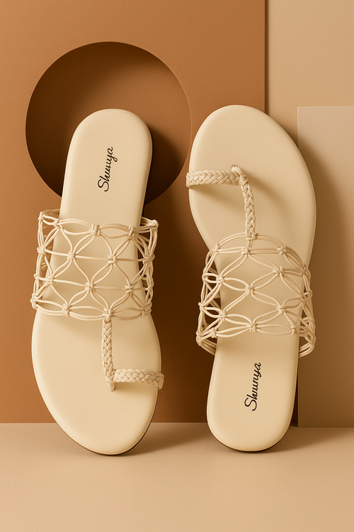 Cream Braided & Netted Slip-On Flats by Shunya