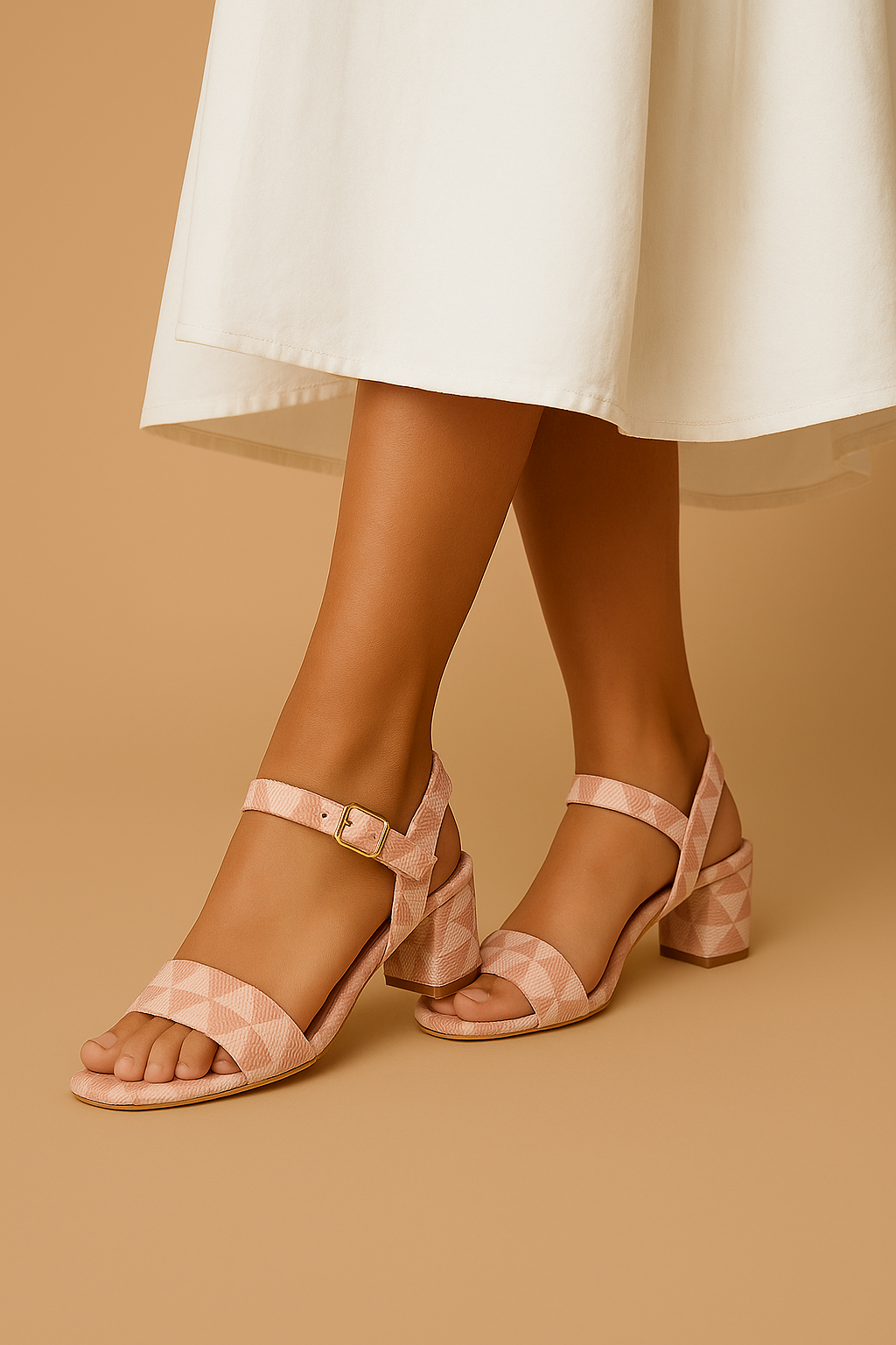 Women’s Pink Geometric Block Heel Sandals | Stylish Strappy Heels with Buckle Closure