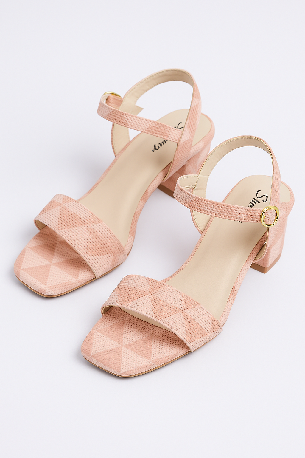 Women’s Pink Geometric Block Heel Sandals | Stylish Strappy Heels with Buckle Closure