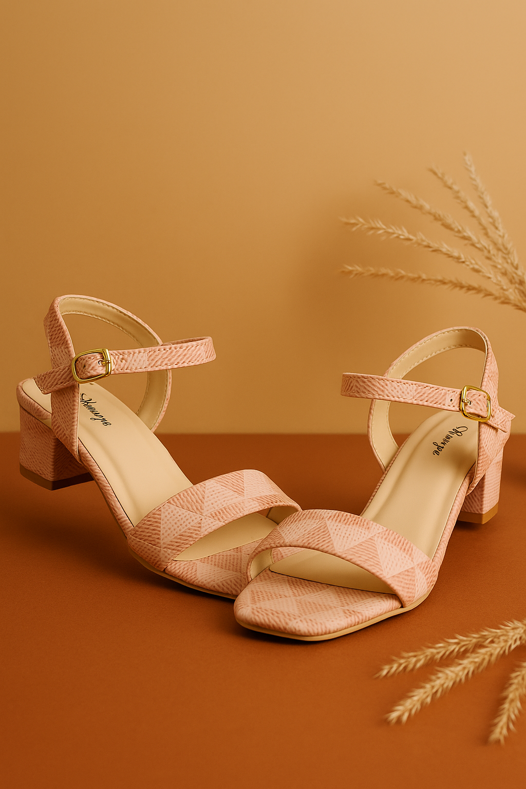 Women’s Pink Geometric Block Heel Sandals | Stylish Strappy Heels with Buckle Closure