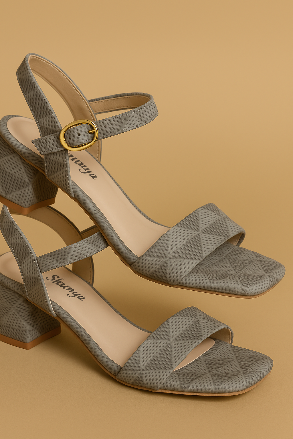 Women’s Grey Geometric Block Heel Sandals | Stylish Strappy Heels with Buckle Closure