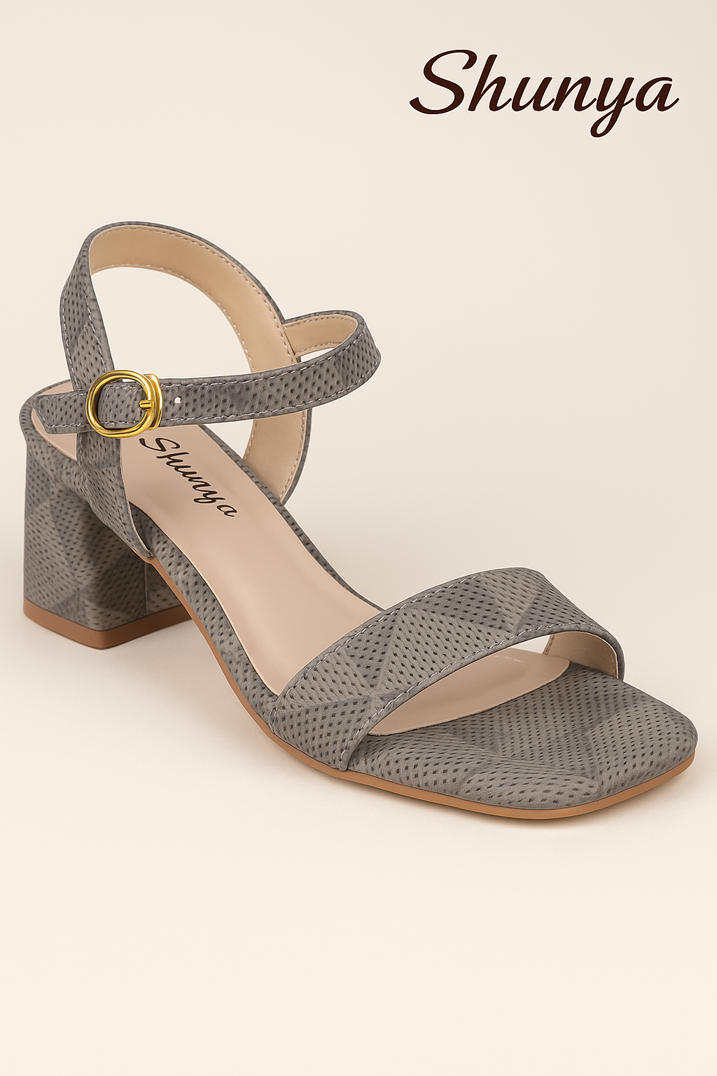 Women’s Grey Geometric Block Heel Sandals | Stylish Strappy Heels with Buckle Closure