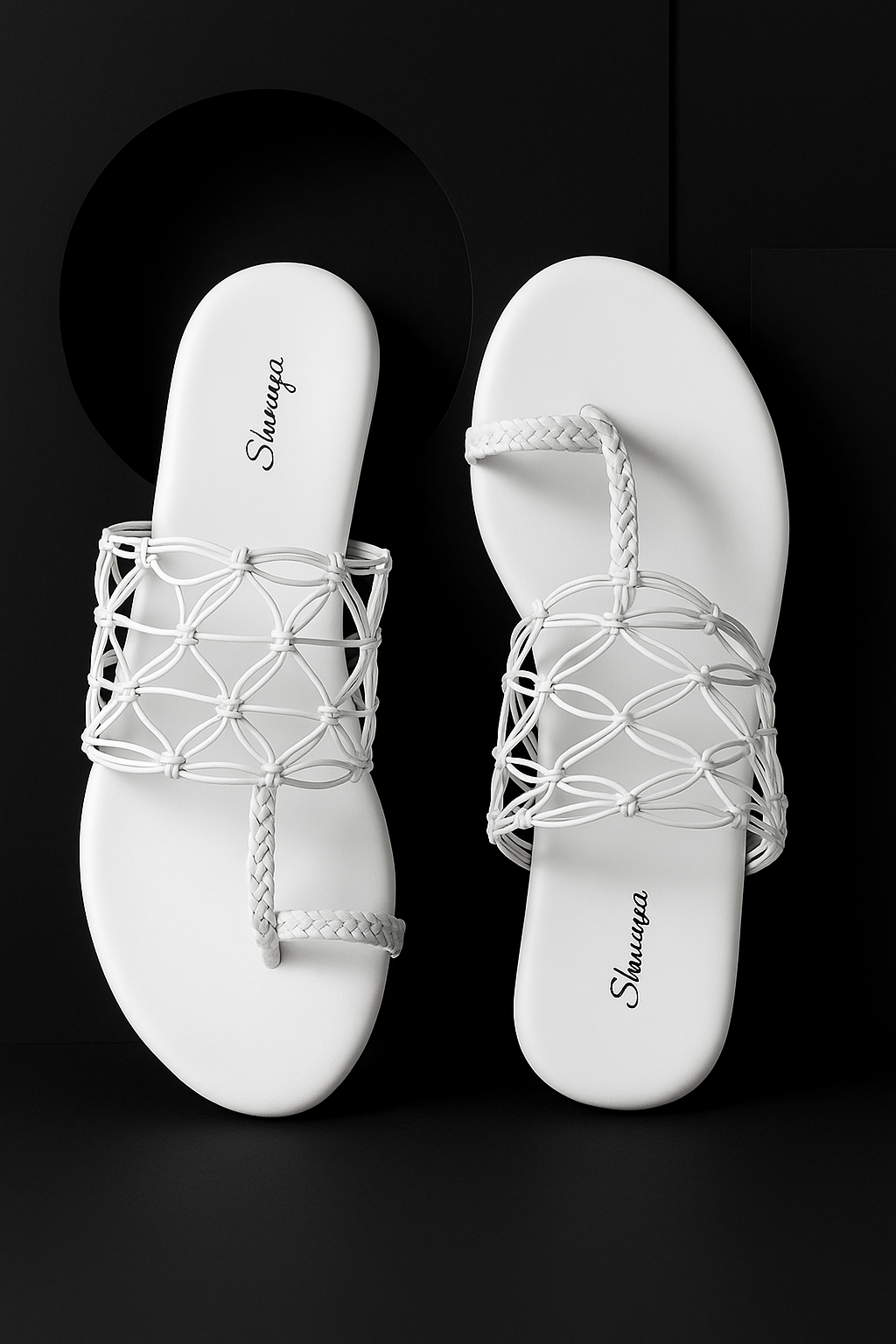 White Braided & Netted Slip-On Flats by Shunya.