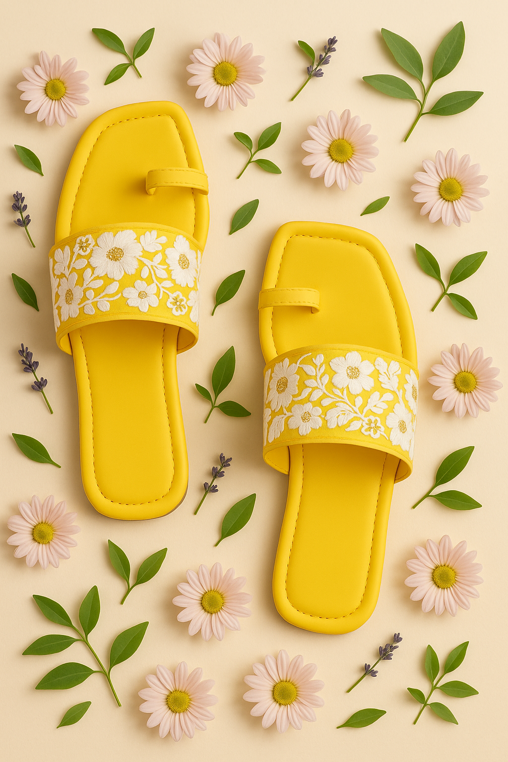 Yellow Embroidered Floral Strap Flats with Cushioned Footbed, Toe Loop Accent & Contemporary Square-Toe Look