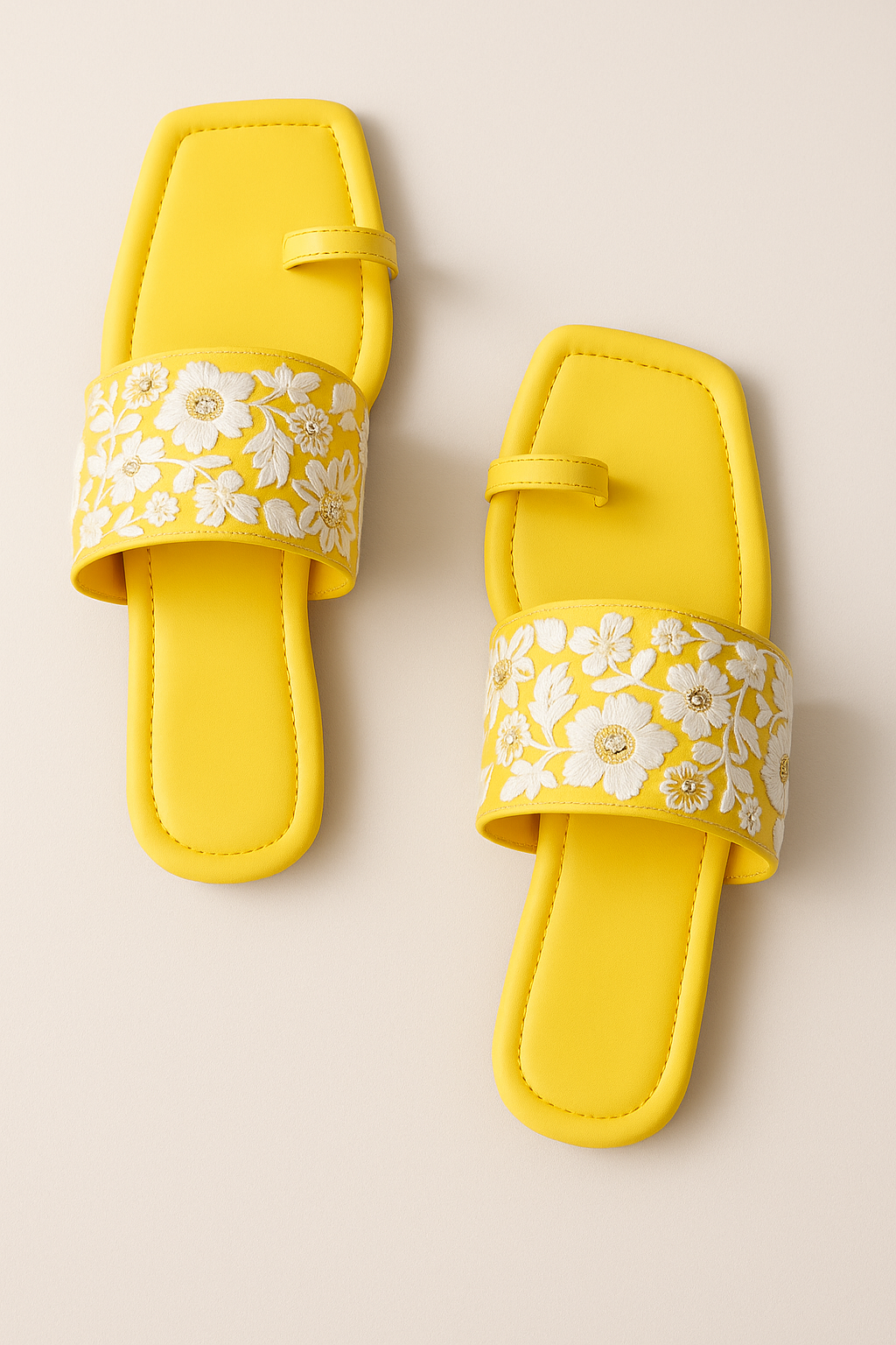 Yellow Embroidered Floral Strap Flats with Cushioned Footbed, Toe Loop Accent & Contemporary Square-Toe Look