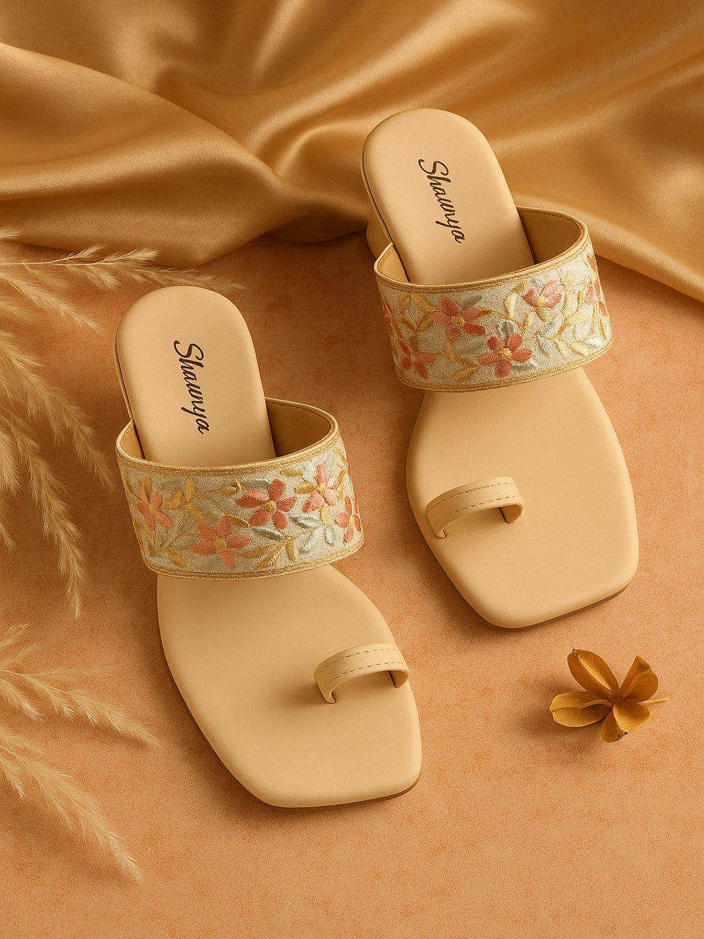 Shunya Women Cream-Toned Floral Design Toe-Ring Flats