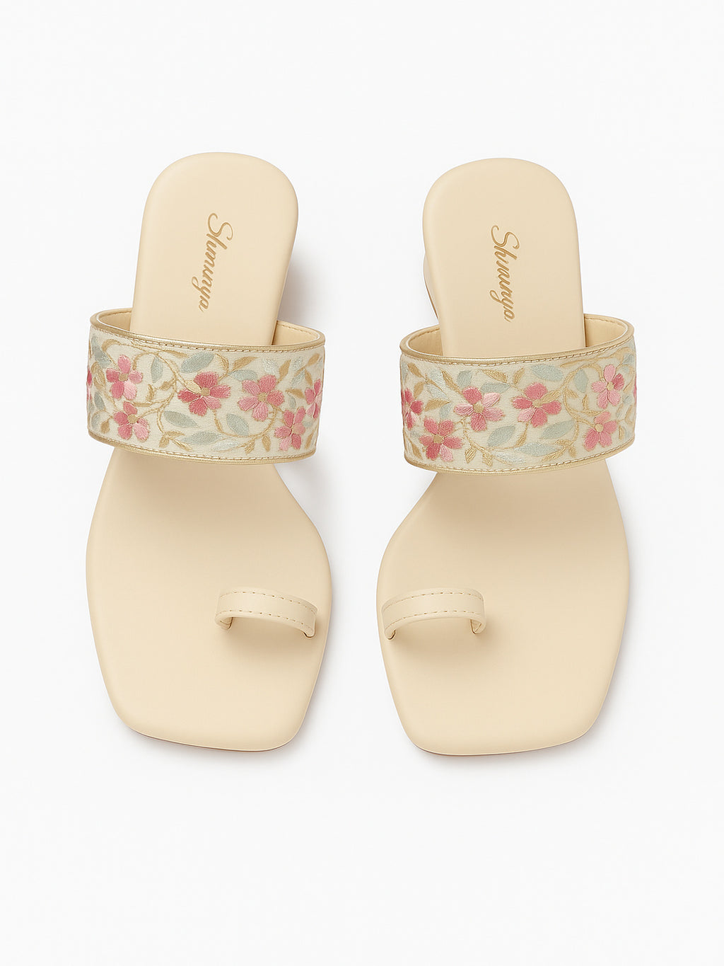 Elegant Floral Embroidered Block Heel Toe-Ring Sandals (Beige)